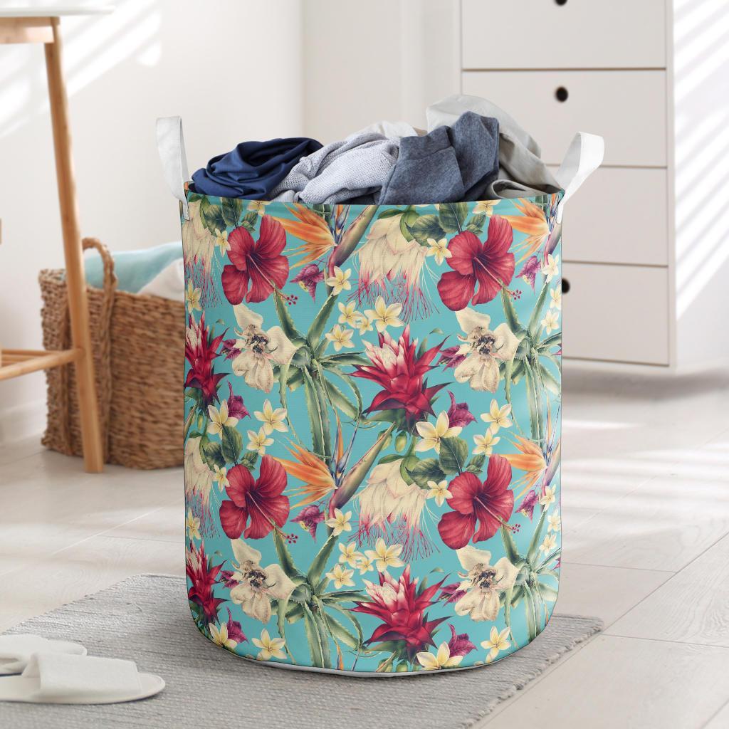 Hawaii Seamless Floral Pattern With Tropical Hibiscus, Watercolor Hawaii Laundry Basket Laundry Basket One Size Black - Polynesian Pride