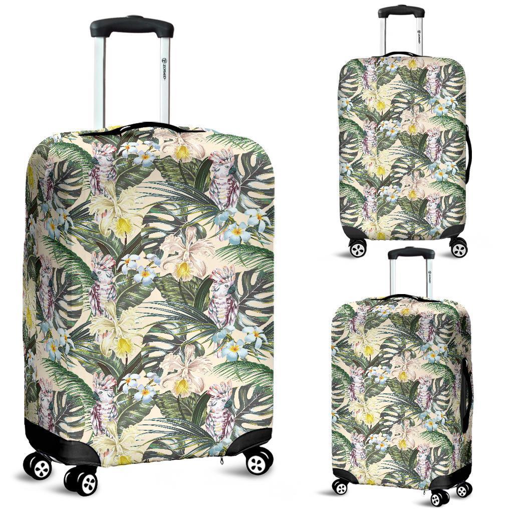 Tropical Jungle Parrots And Flamingos Luggage Cover White - Polynesian Pride