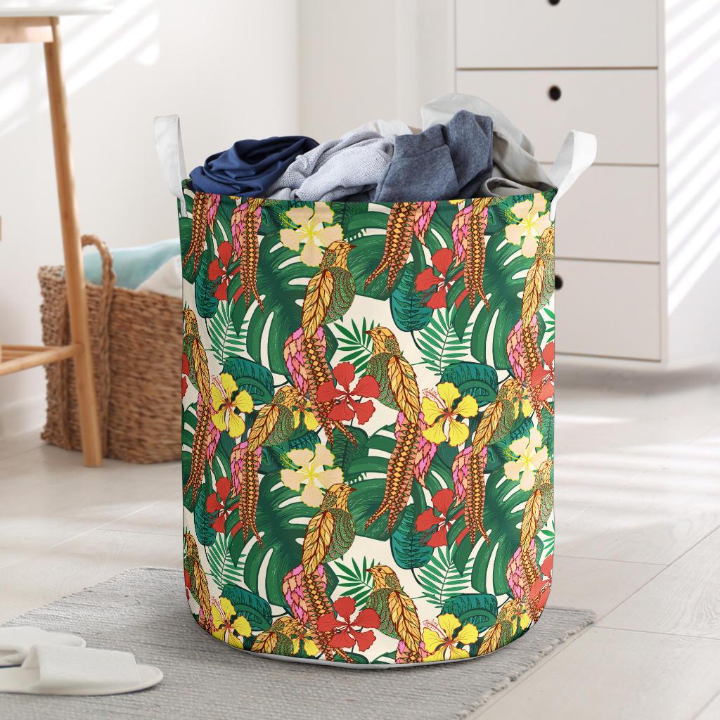 Hawaii Tropical Leaves Flowers And Birds Floral jungle Hawaii Laundry Basket AH Laundry Basket - 1 One Size White - Polynesian Pride
