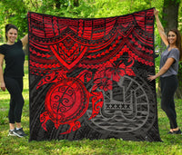 Tahiti Polynesian Premium Quilt - Tahiti Flag & Red Turtle Hibiscus RED - Polynesian Pride