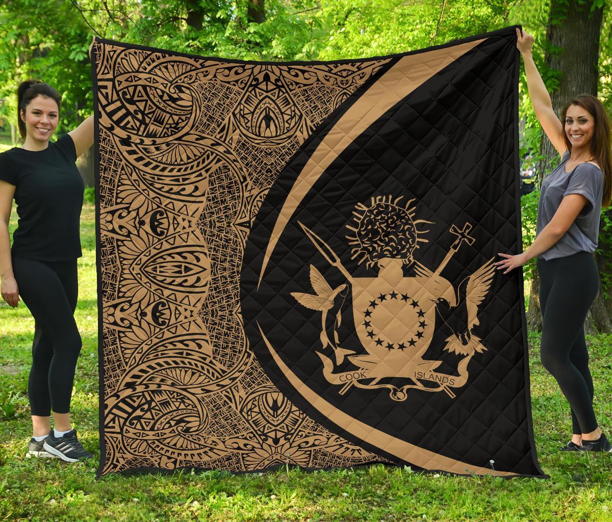 Cook Islands Coat Of Arms Polynesian Premium Quilt - Circle Style - 02 Black - Polynesian Pride