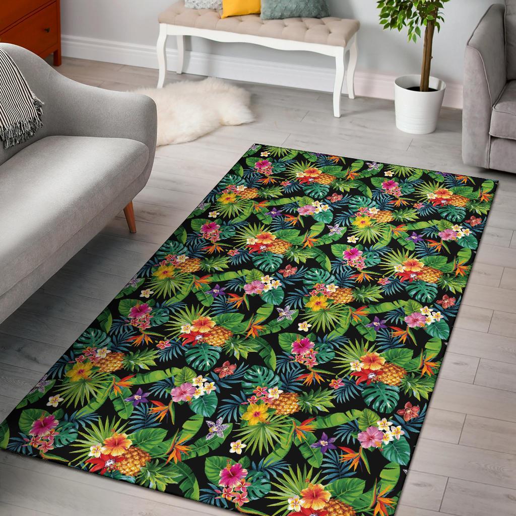 Tropical Pattern With Pineapples, Palm Leaves And Flowers. Rug Black - Polynesian Pride