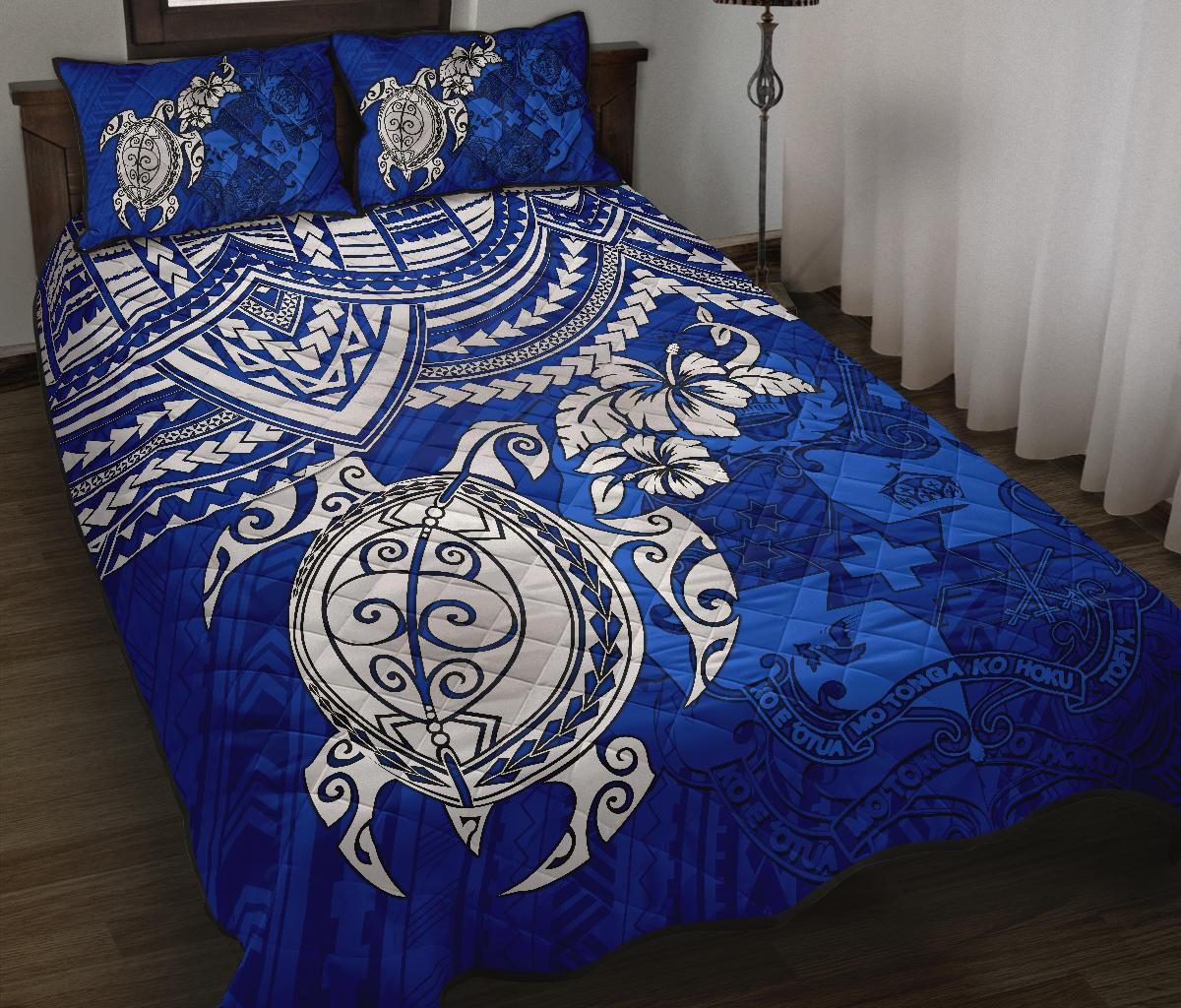 Tonga Polynesian Quilt Bed Set - Tonga Coat Of Arms & Blue Turtle Hibiscus BLUE - Polynesian Pride