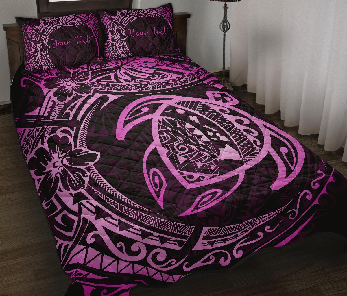 Personalized - Hawaii Map Turtles Hibiscus Quilt Bed Set - Pink - Polynesian Pride