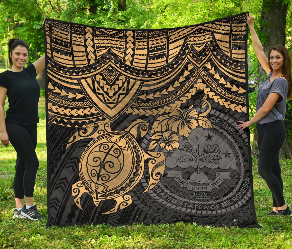 Federated States Of Micronesia Premium Quilt - Federated States Of Micronesia Seal & Golden Turtle Hibiscus - Polynesian Pride
