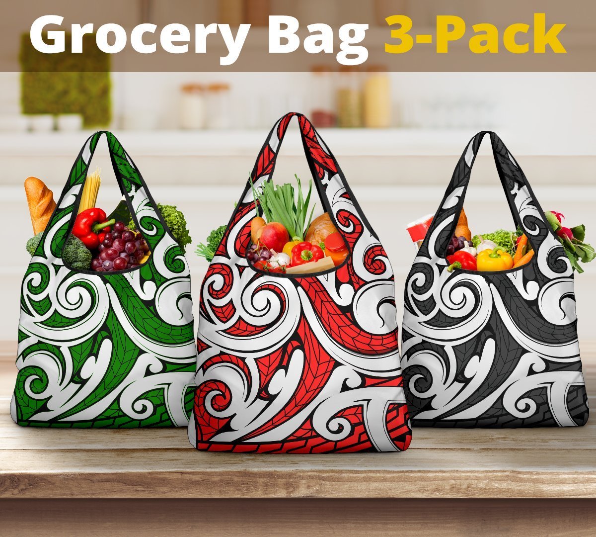 Maori Tribal Ornament Grocery Bag 3 - Pack Grocery Bag 3-Pack Art - Polynesian Pride