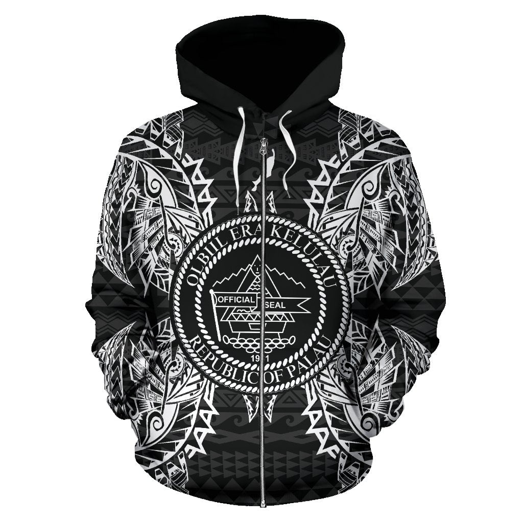 Palau Polynesian All Over Zip up Hoodie Map Black - Polynesian Pride