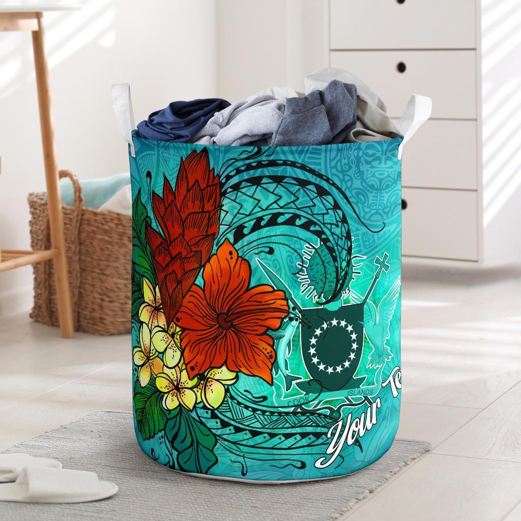 Cook Islands Laundry Basket - Custom Personalised Tropical Flowers Style Laundry Basket - Cook Islands One Size Blue - Polynesian Pride