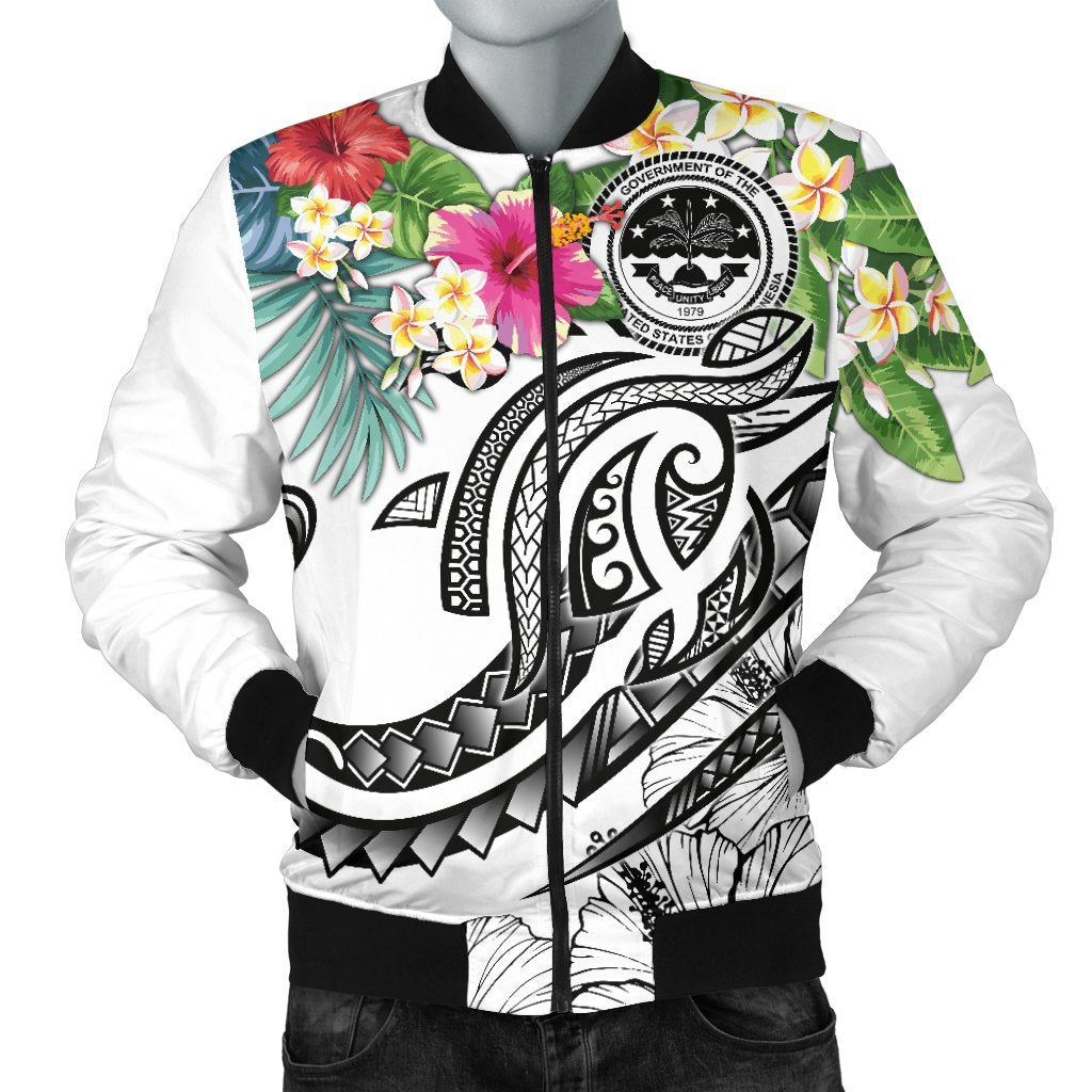 FSM Polynesian Men's Bomber Jacket - Summer Plumeria (White) White - Polynesian Pride