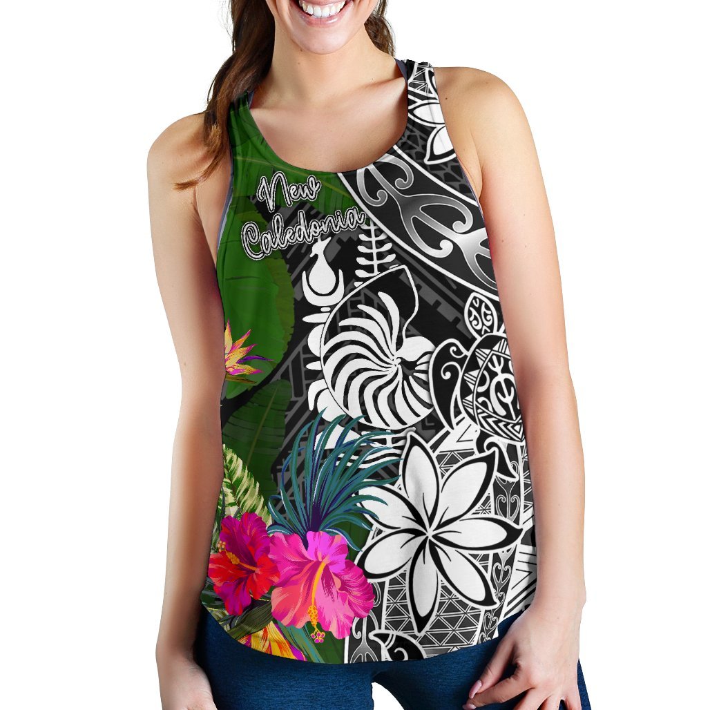 New Caledonia Women Racerback Tank - Turtle Plumeria Banana Leaf Crest - Polynesian Pride