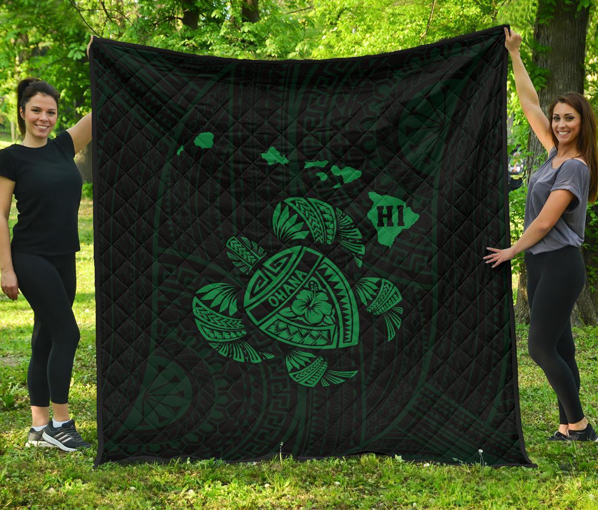 Hawaii Turtle Hibicus Map Premium Quilt - Green Green - Polynesian Pride