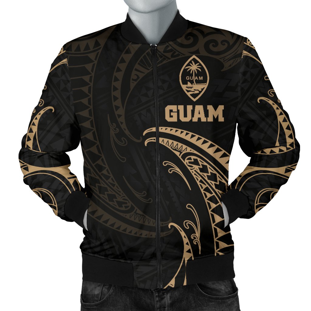 Guam Polynesian Men's Bomber Jacket - Gold Tribal Wave Black - Polynesian Pride