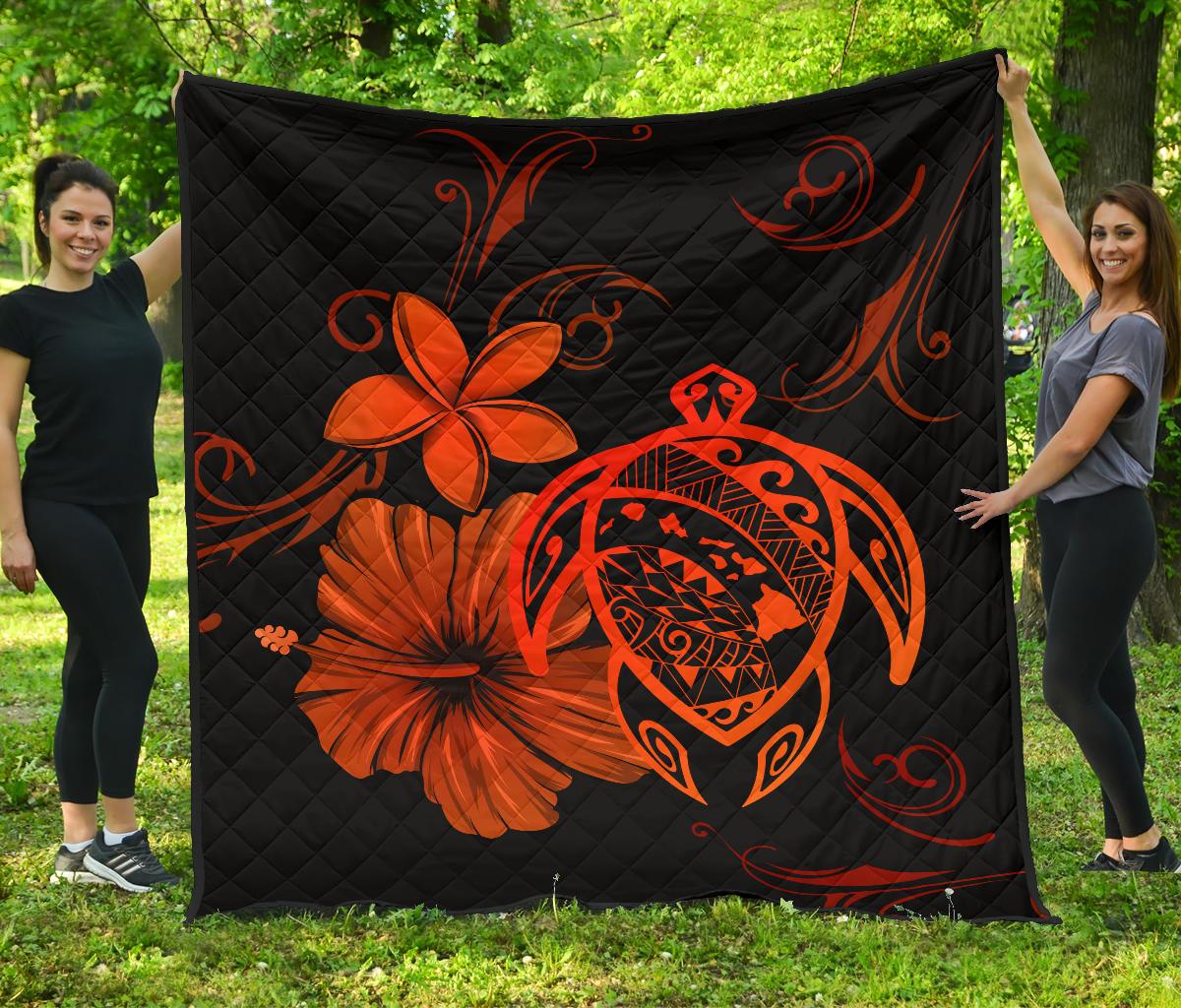 Hawaii Turtle Hibiscus Premium Quilt Orange Orange - Polynesian Pride