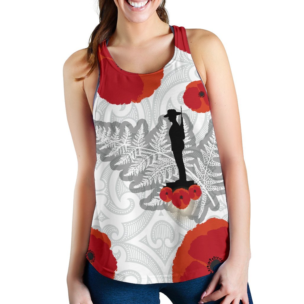 Anzac Maori Women Racerback Tank Silver Fern Lest For Get White - Polynesian Pride