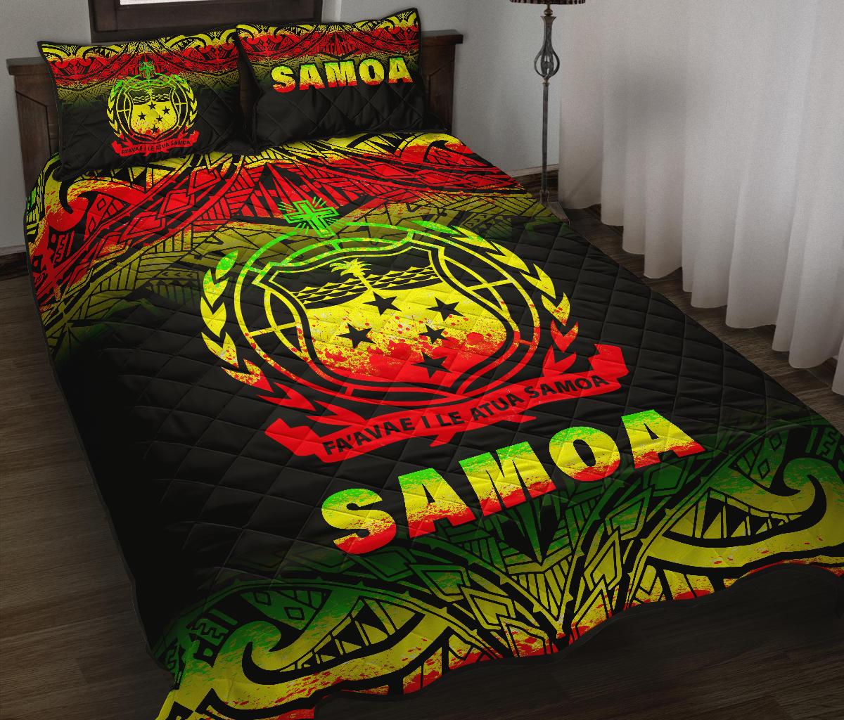 Samoa Quilt Bed Set - Samoa Coat Of Arms Polynesian Tattoo Black Fog Reggae Version - Polynesian Pride