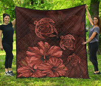 Hawaiian Map Hibiscus Turtle Vintage Polynesian Premium Quilt Red Red - Polynesian Pride