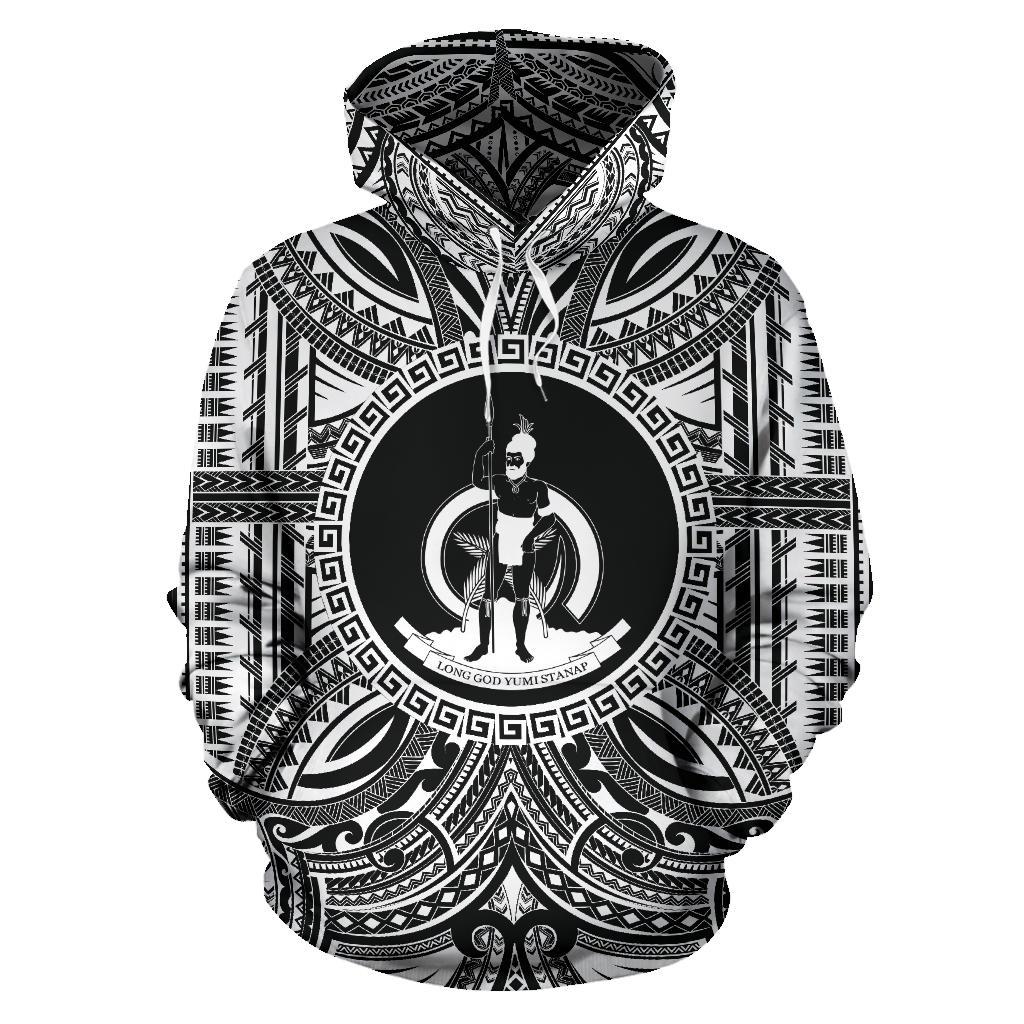 Vanuatu ll Over Hoodie Vanuatu Coat of rms Polynesian White Black Unisex Black - Polynesian Pride