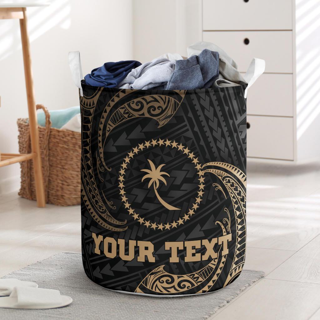 Chuuk Micronesia Custom Personalised Laundry Basket - Gold Tribal Wave One Style One Size Black - Polynesian Pride