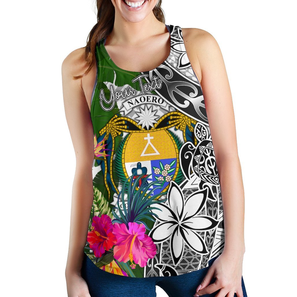 Nauru Custom Personalised Women's Racerback Tank White - Turtle Plumeria Banana Leaf Crest - Polynesian Pride
