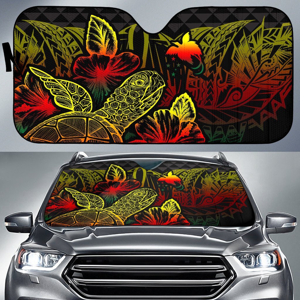 Papua New Guinea Auto Sun Shades Turtle Hibiscus Reggae Auto Sun Shade Universal Fit Reggae - Polynesian Pride