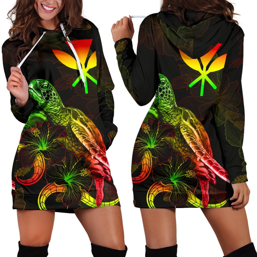 Hawaii Polynesian Hoodie Dress - Turtle With Blooming Hibiscus Reggae Reggae - Polynesian Pride