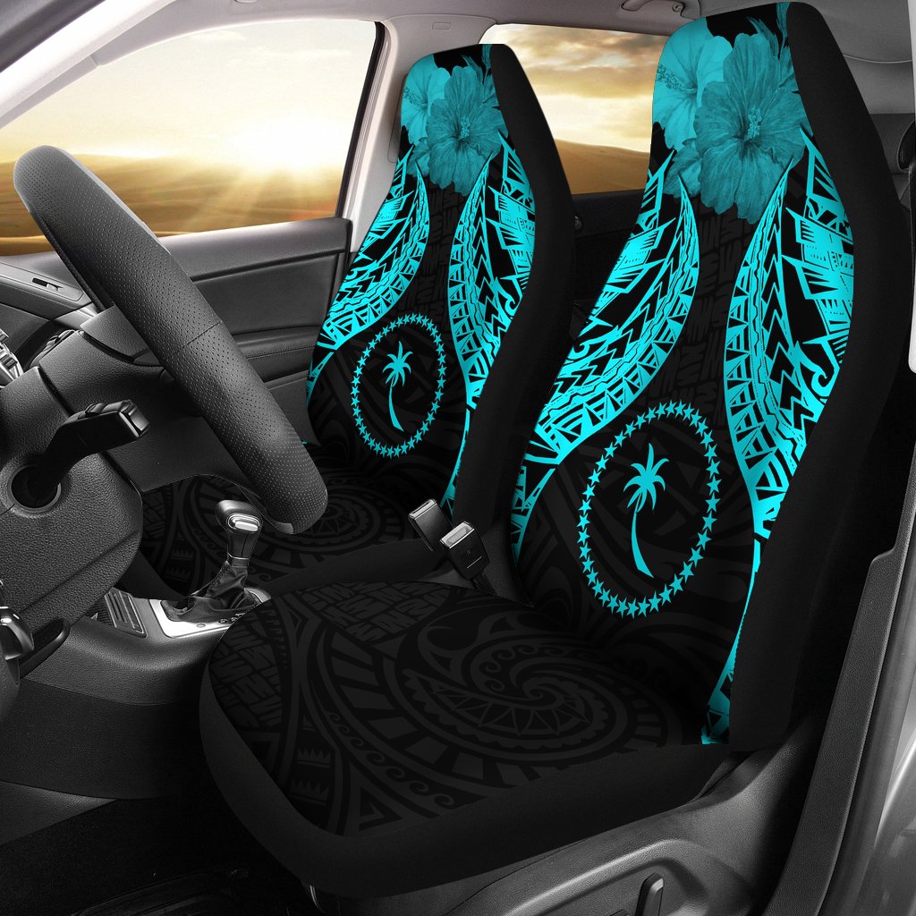 Chuuk Polynesian Car Seat Covers Pride Seal And Hibiscus Neon Blue Universal Fit Blue - Polynesian Pride