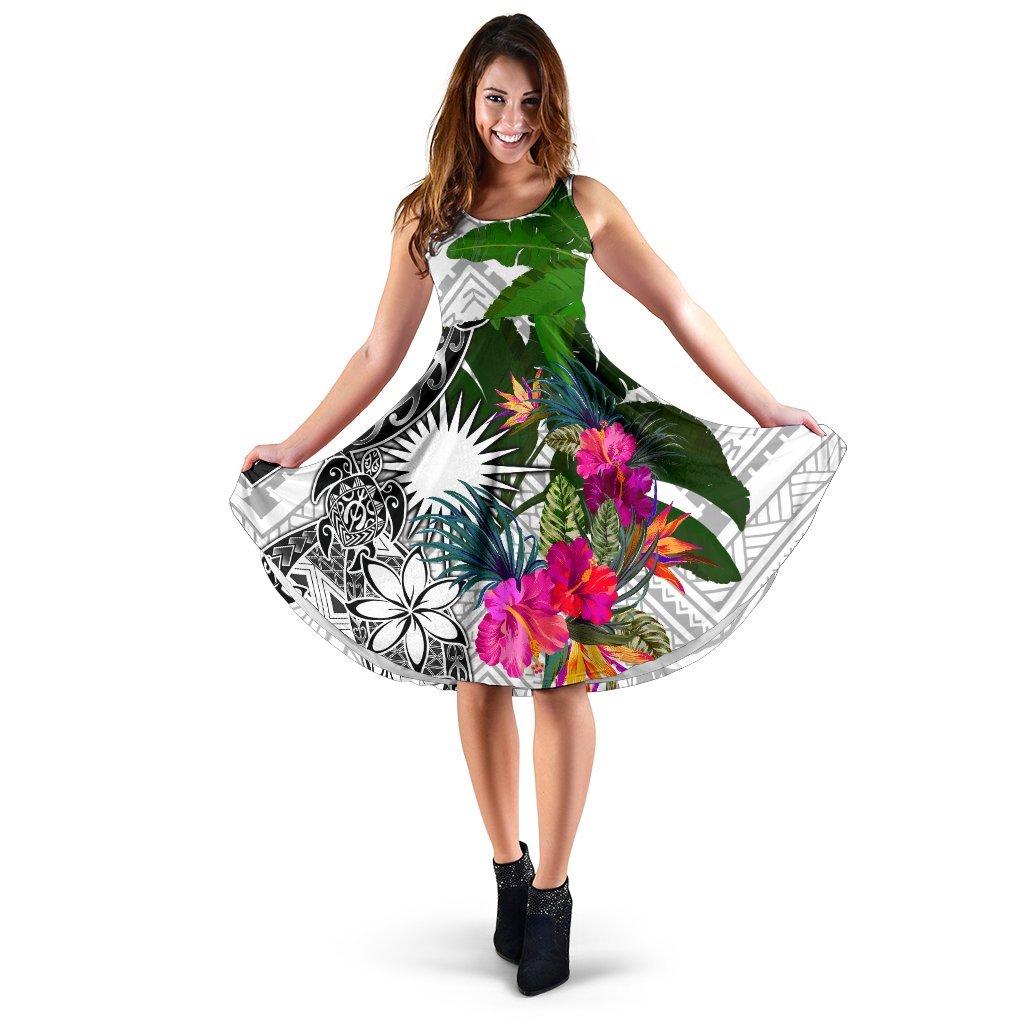 Marshall Islands Midi Dress White - Turtle Plumeria Banana Leaf Women White - Polynesian Pride