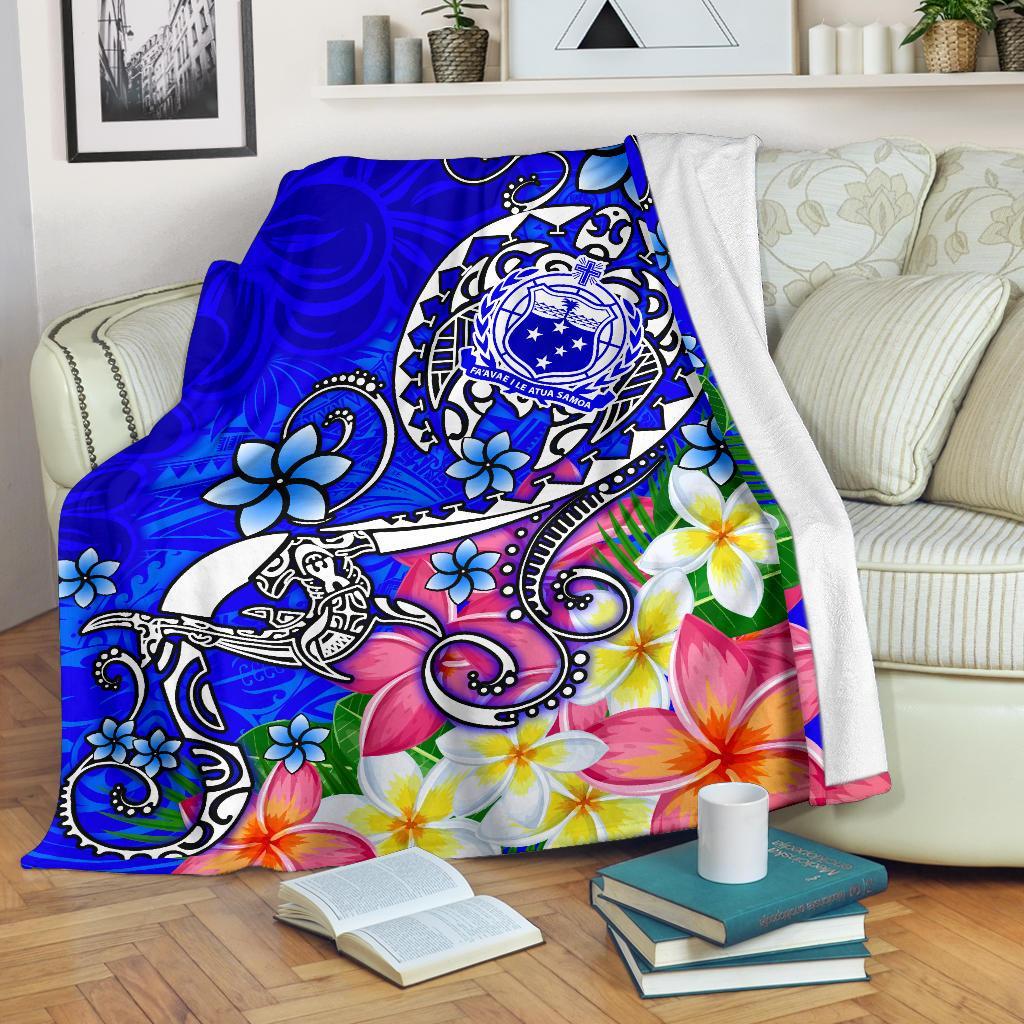 Samoa Premium Blanket - Turtle Plumeria (Blue) White - Polynesian Pride