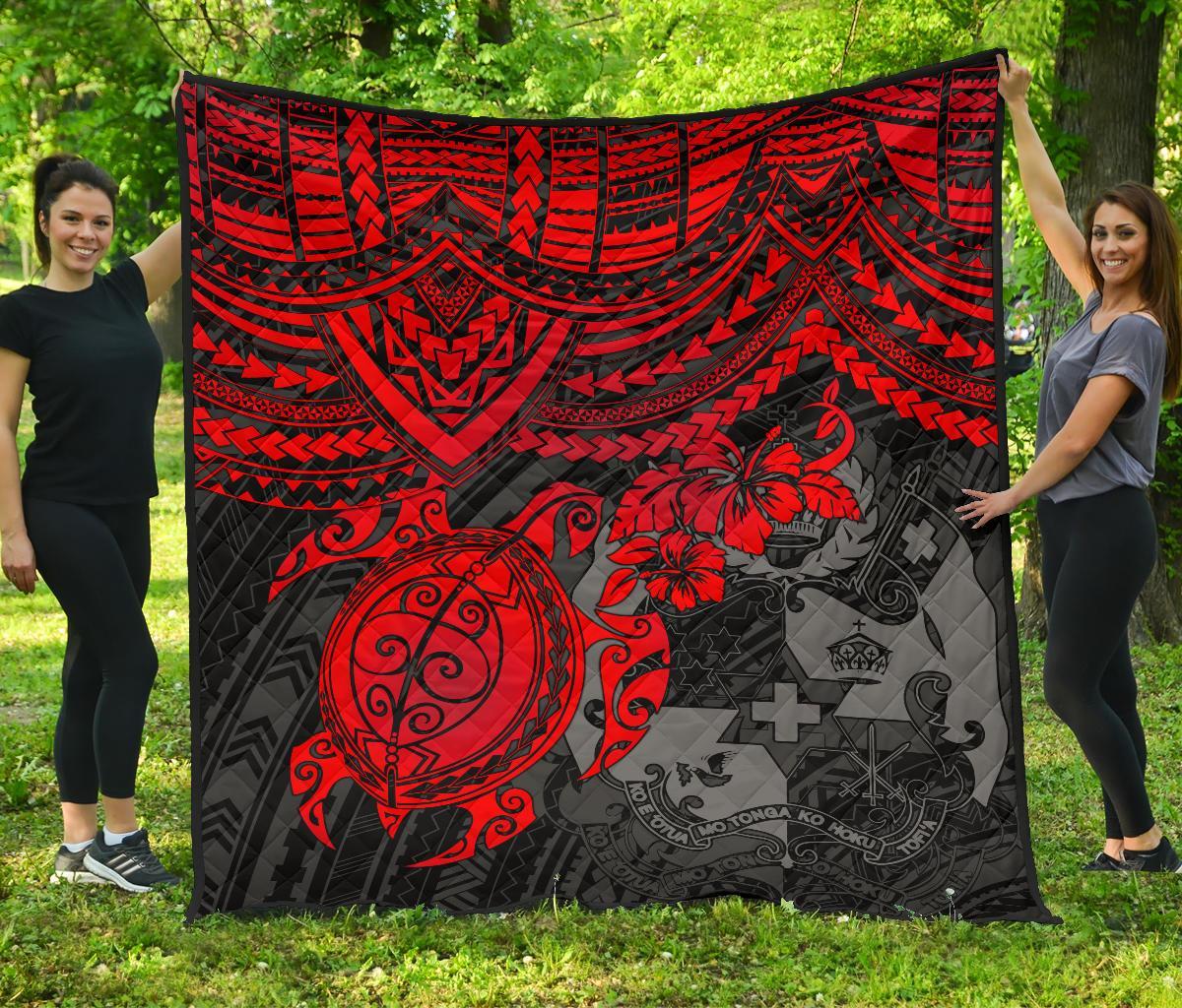 Tonga Polynesian Premium Quilts - Tonga Coat Of Arms & Red Turtle Hibiscus - Polynesian Pride