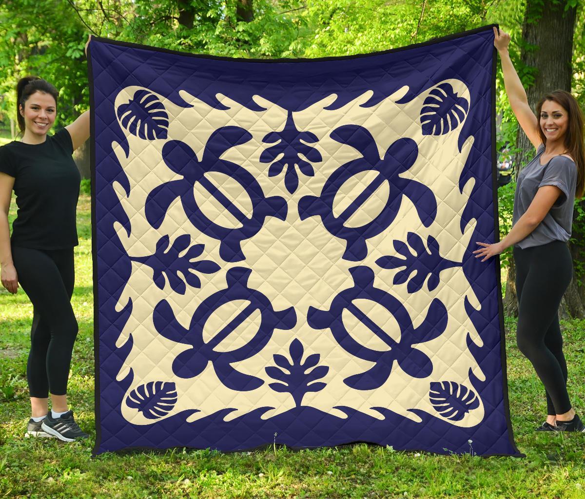 Hawaiian Turtle Kalo Pattern Premium Quilt - Blue - Argu Style - AH Blue - Polynesian Pride