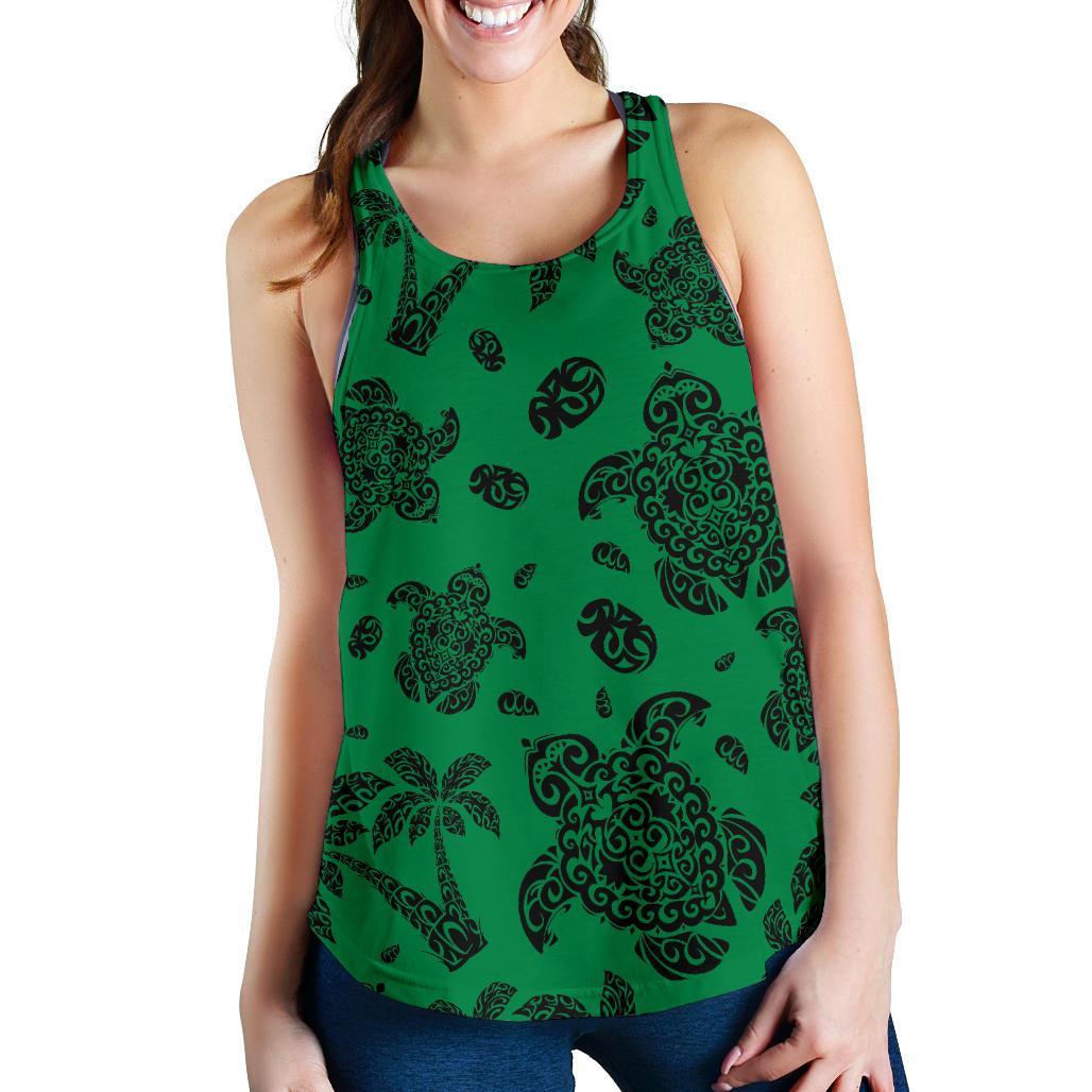 Polynesian Turtle Palm And Sea Pebbles Green Women's Racerback Tank Top Green - Polynesian Pride