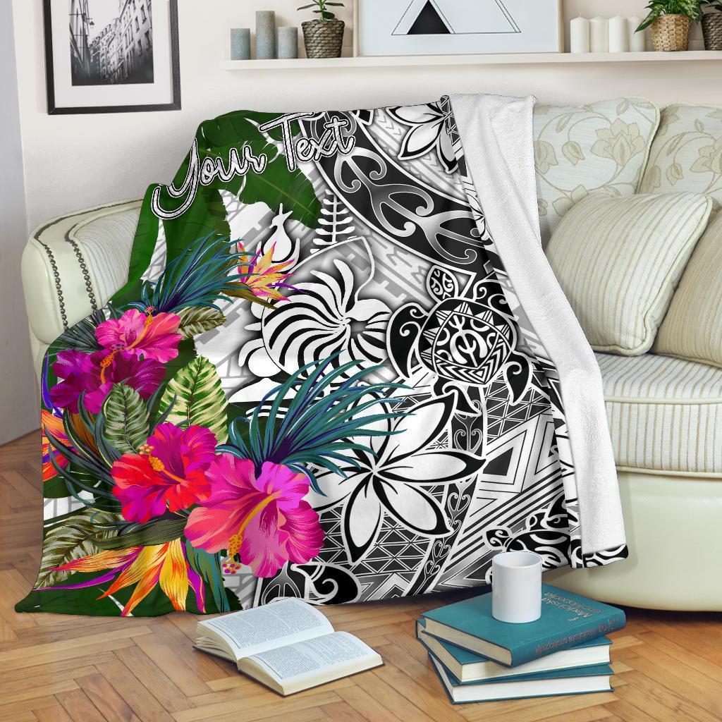New Caledonia Custom Personalised Premium Blanket White - Turtle Plumeria Banana Leaf Crest - Polynesian Pride