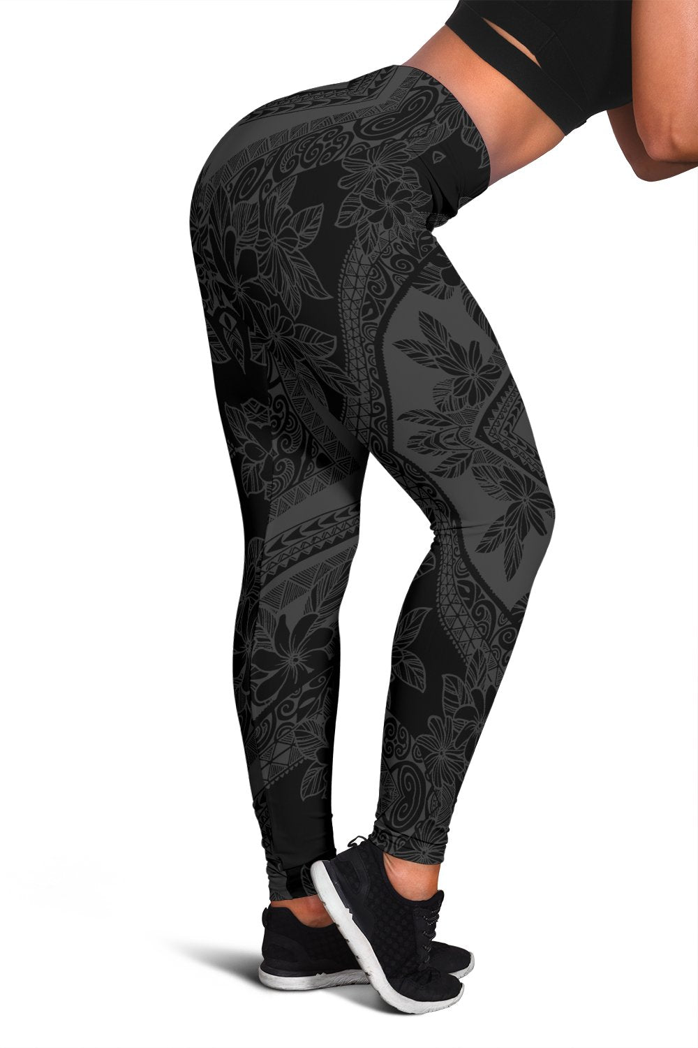 Polynesian Plumeria Mix Gray Black Hawaii Women's Leggings AH Art - Polynesian Pride