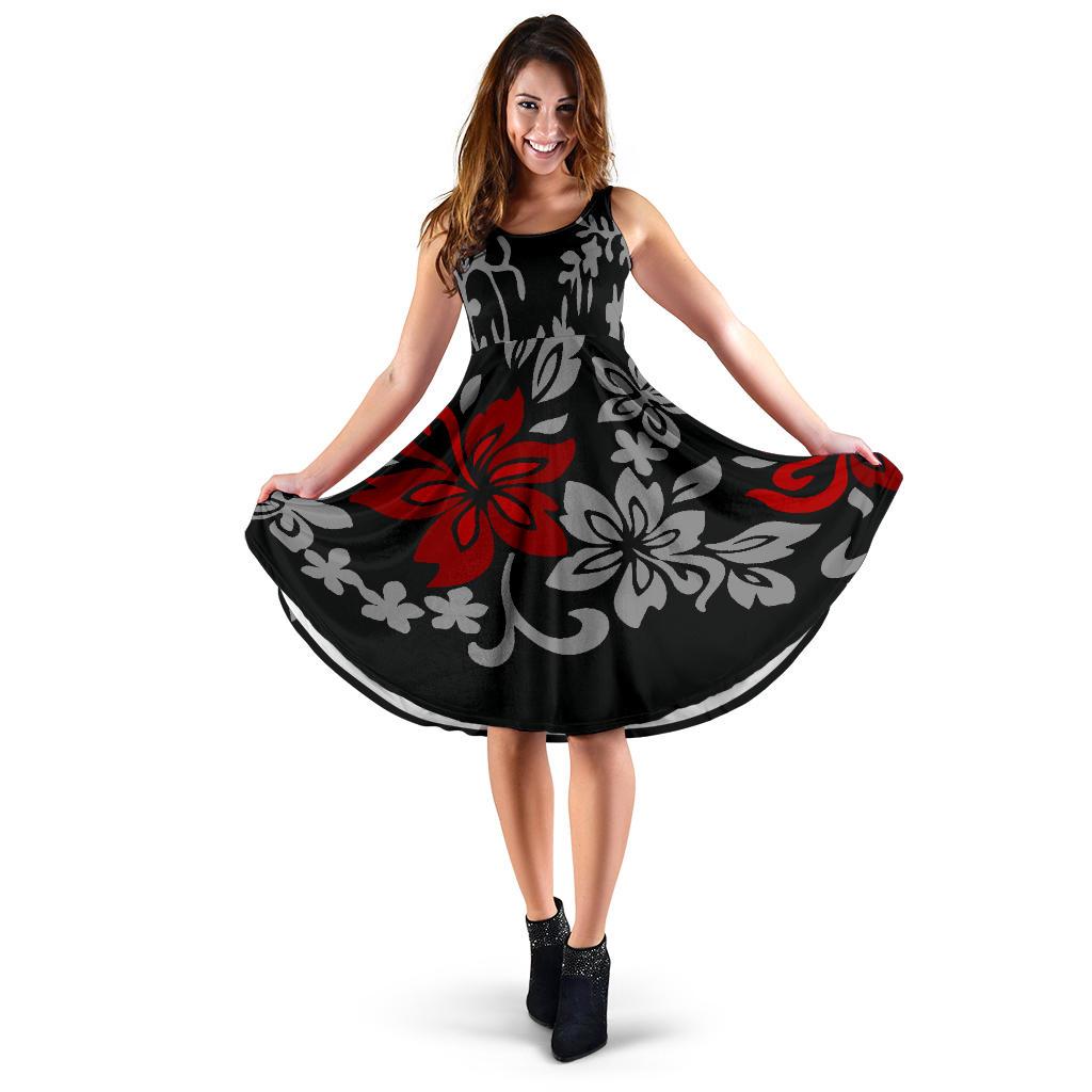 Polynesian Hibiscus Midi Dress 02 Women Black - Polynesian Pride