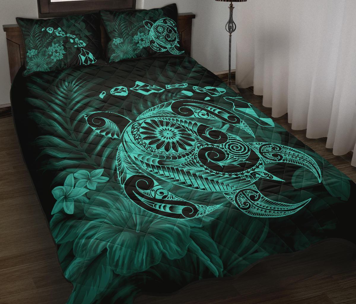 Hawaii Turtle Map Hibiscus Polynesian Turquoise Quilt Bed Set - Polynesian Pride