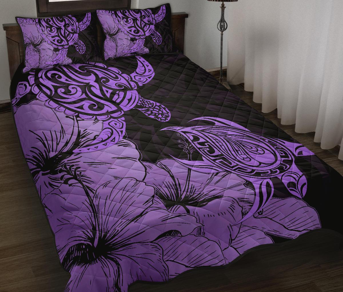 Hawaii Turtle Quilt Bed Set Polynesian Hibiscus Art Violet AH - Polynesian Pride
