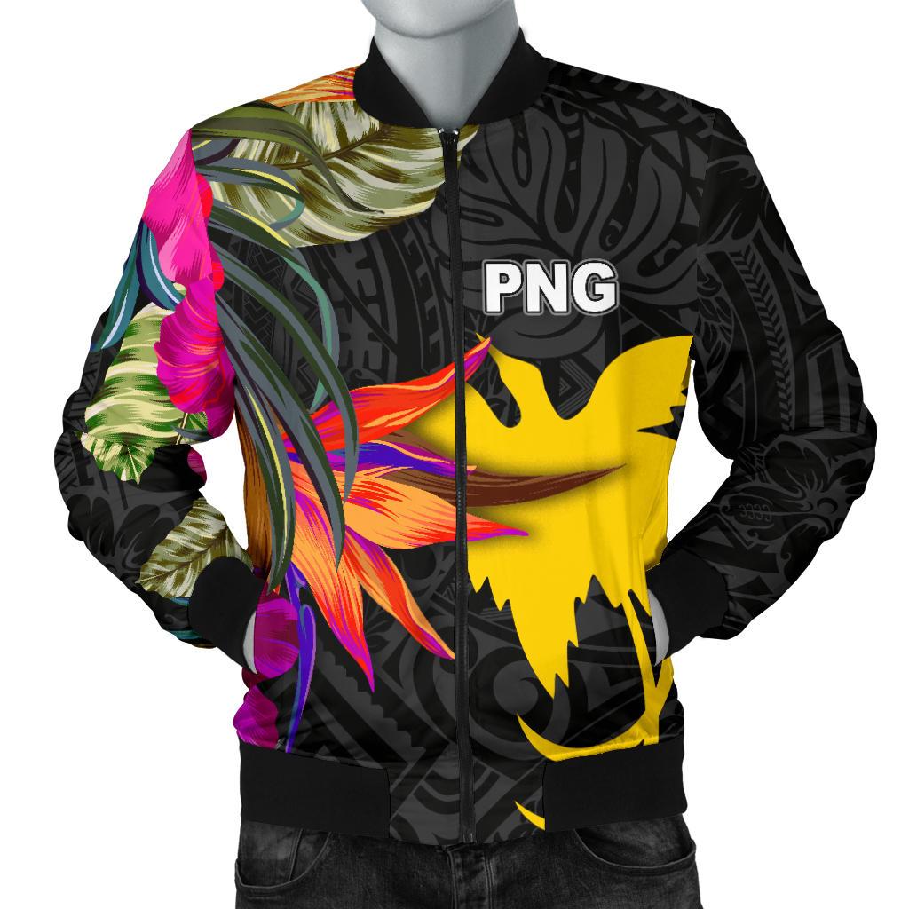 Papua New Guinea Men's Bomber Jacket - Hibiscus Polynesian Pattern Black - Polynesian Pride