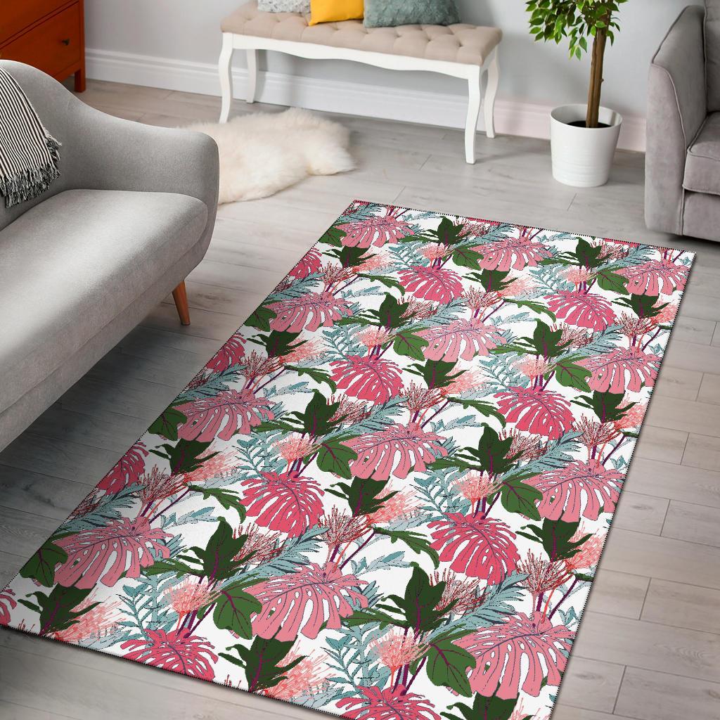 Pink Monstera And Green Tropical Leaves White Rug White - Polynesian Pride