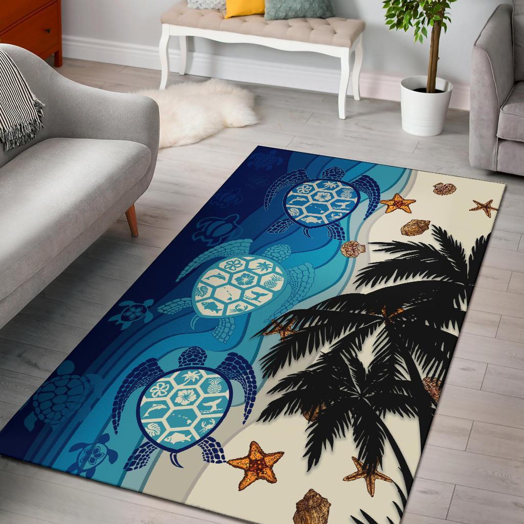 Hawaiian Sea Turtle Symbol Palm Tree Rug - AH J96 Black - Polynesian Pride
