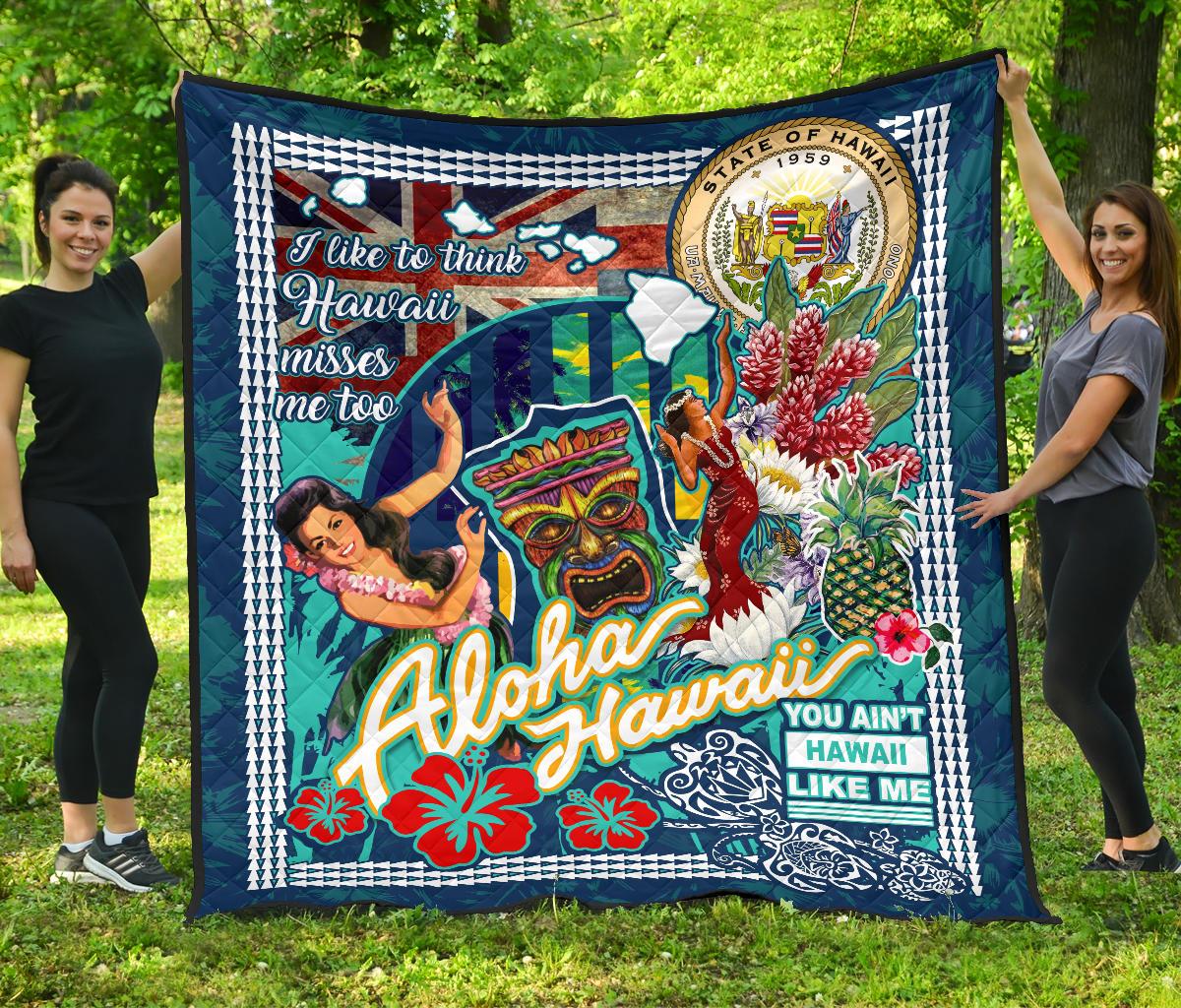 Hawaii Premium Blanket - Hawaii Seal Tiki Face Dancing Girl Aloha Hawaii Black - Polynesian Pride