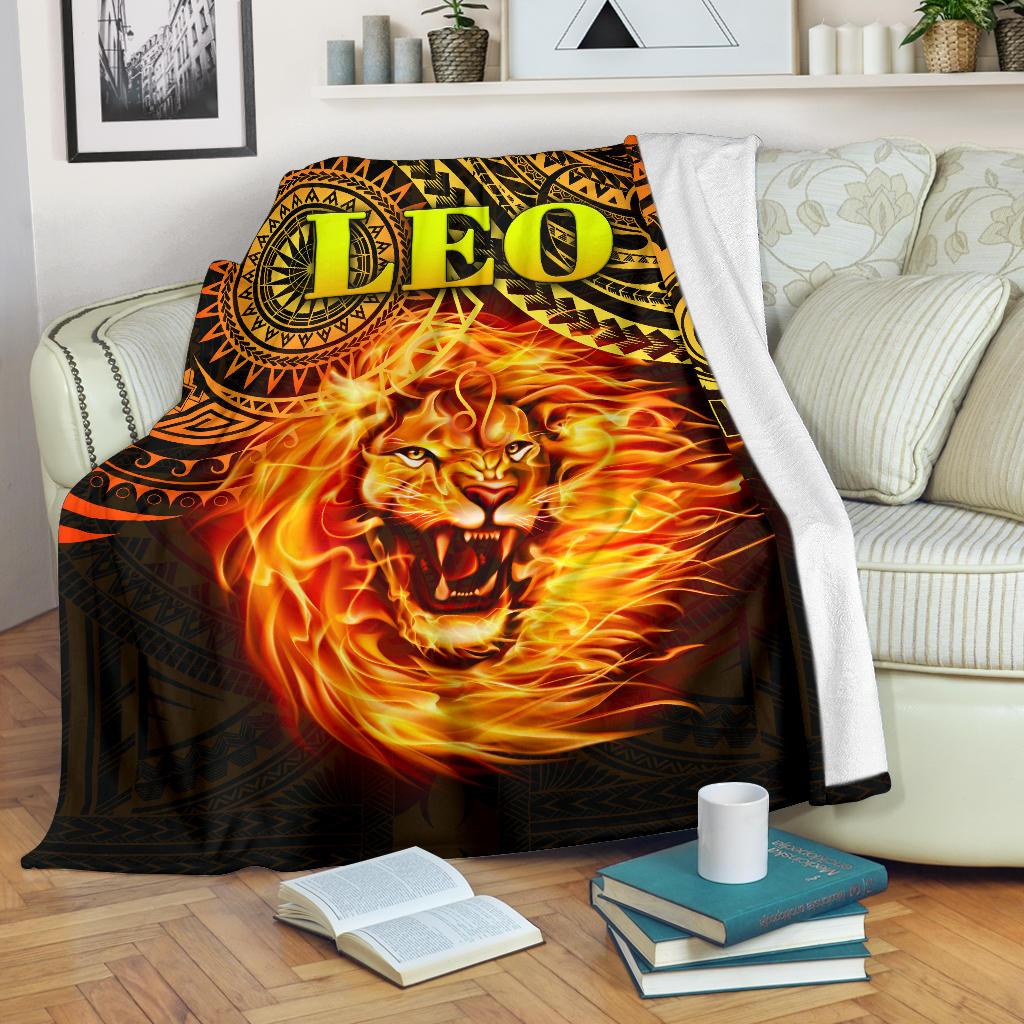 Sun In Leo Zodiac Premium Blanket Polynesian Tattoo Unique Vibes White - Polynesian Pride