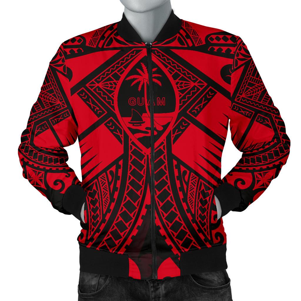 Guam Polynesian Men's Bomber Jacket - Red Guam Coat Of Arms Polynesian Tattoo Red - Polynesian Pride