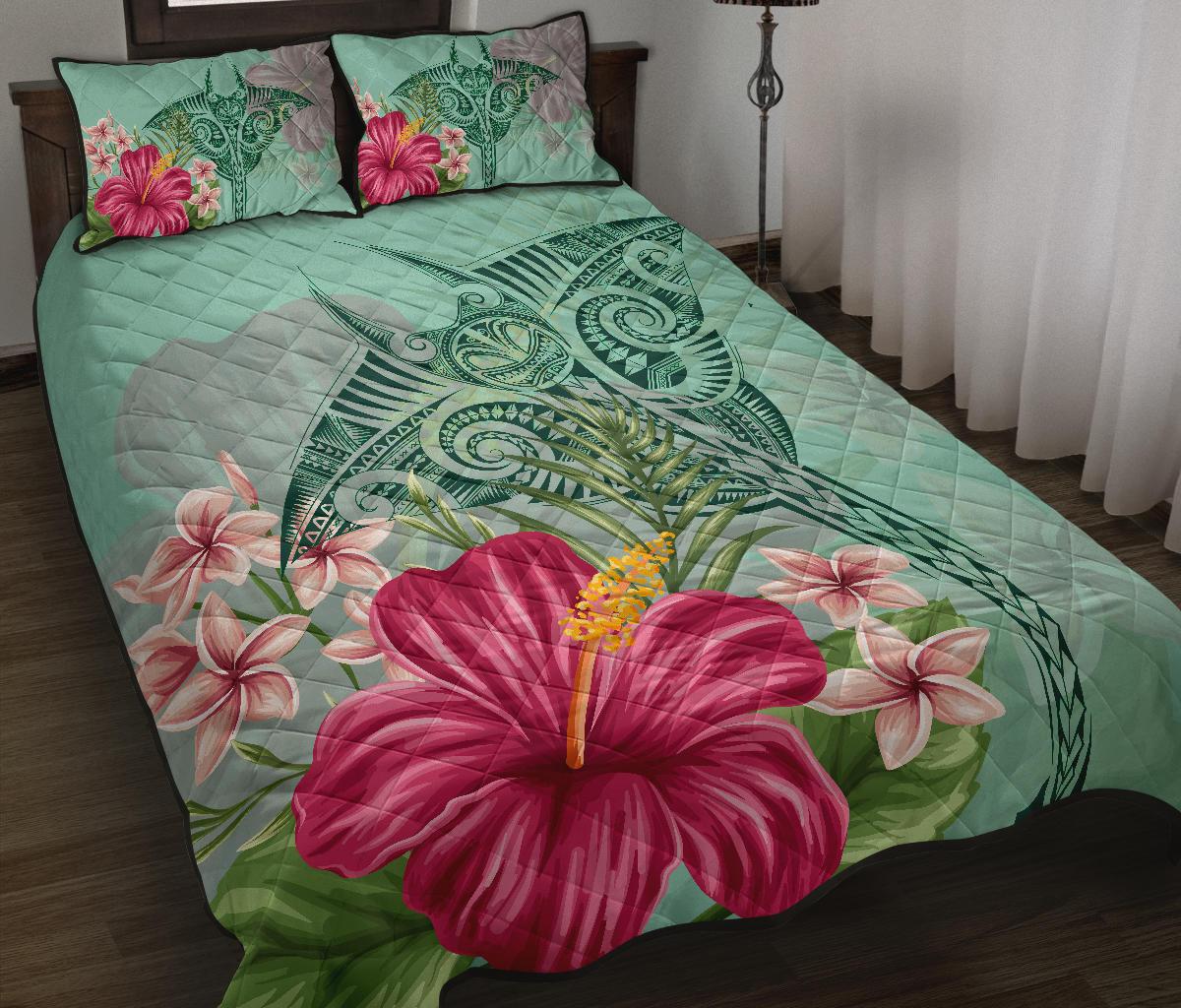 Hawaii Manta Ray Tropical Hibiscus Plumeria Quilt Bed Set - Polynesian Pride
