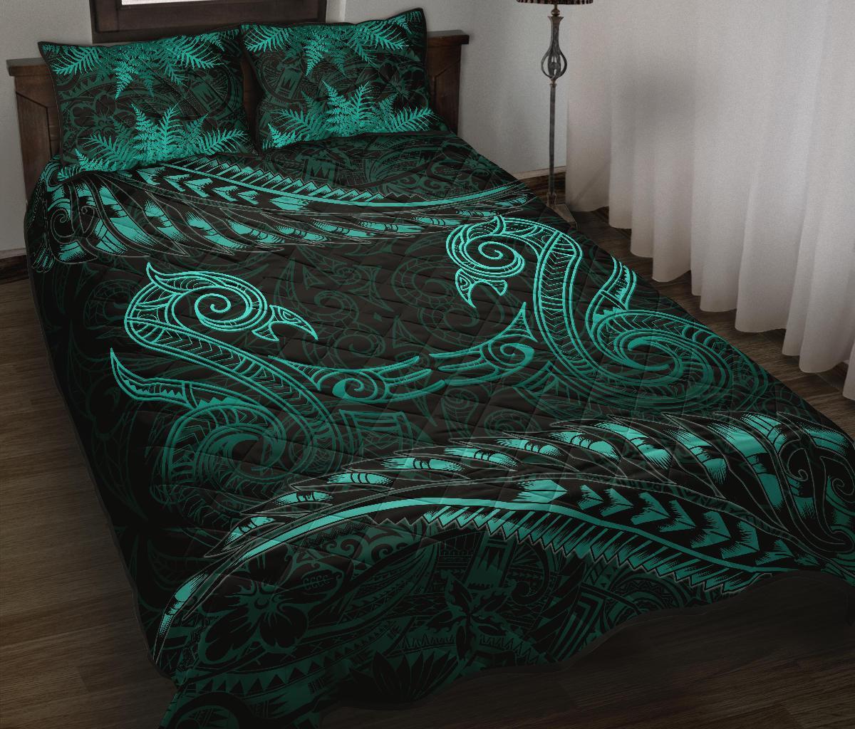 Aotearoa Quilt Bed Set Turquoise Maori Manaia With Silver Fern Turquoise - Polynesian Pride