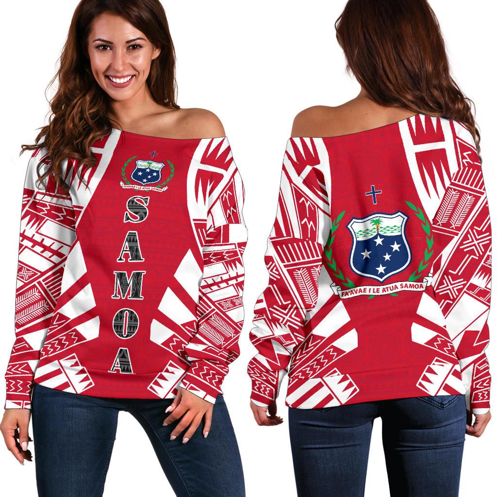 Samoa Women's Off Shoulder Sweater - Polynesian Tattoo Flag White - Polynesian Pride