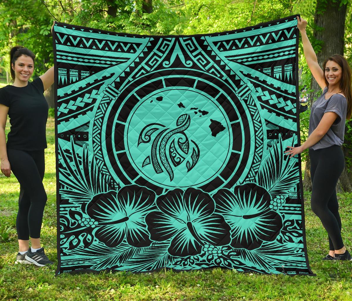 Hawaii Premium Quilt - Hawaii Map Honu Hibiscus Turquoise Polynesian Premium Quilt Turquoise - Polynesian Pride