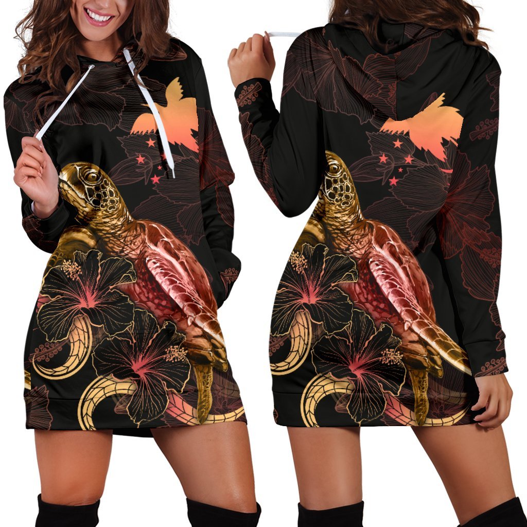 Papua New Guinea Polynesian Hoodie Dress - Turtle With Blooming Hibiscus Gold Gold - Polynesian Pride