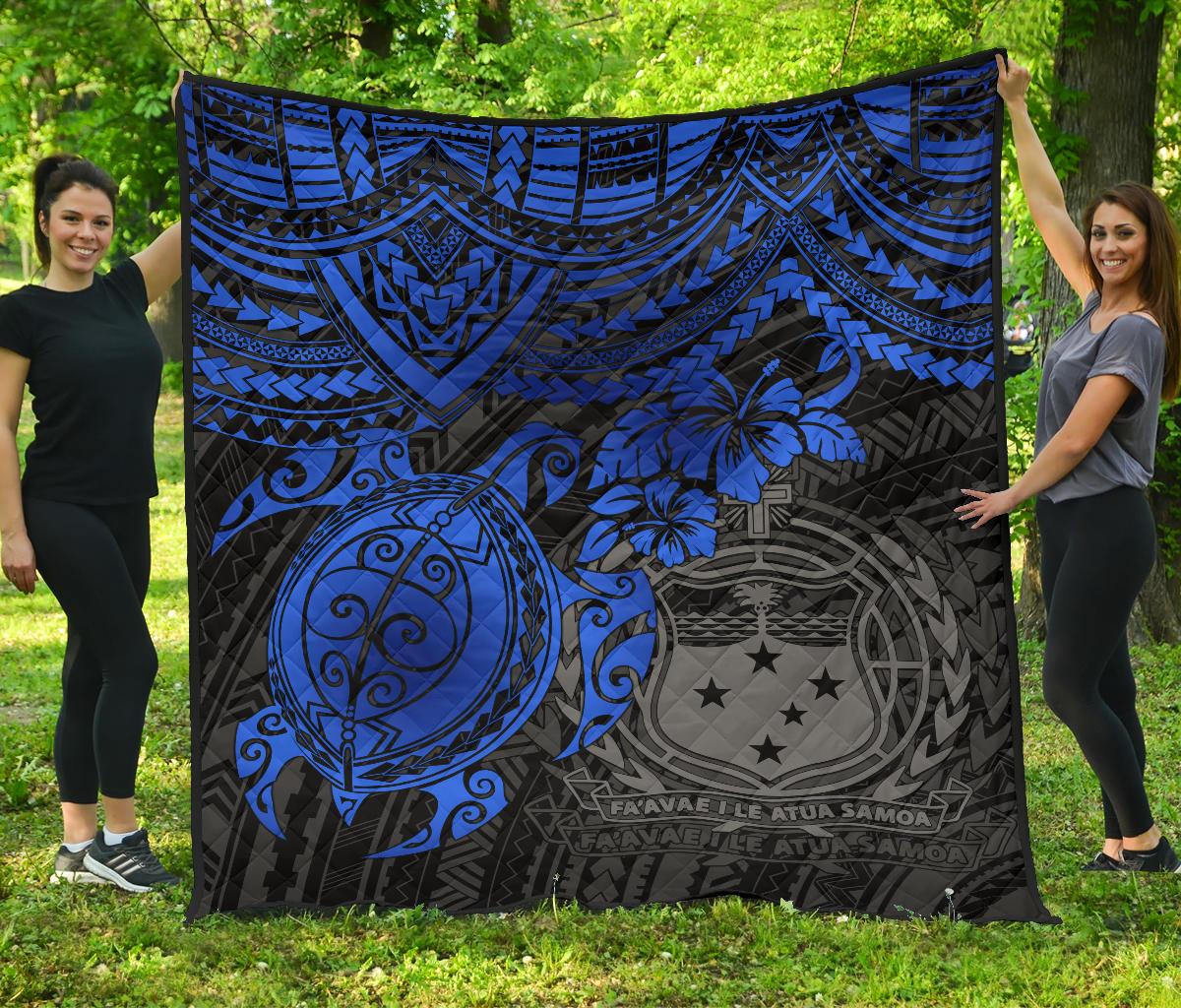 Samoa Polynesian Premium Quilt - Samoa Coat Of Arms & Blue Turtle Hibiscus - Polynesian Pride