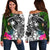 Chuuk Off Shoulder Sweater - Turtle Plumeria Banana Leaf Black - Polynesian Pride