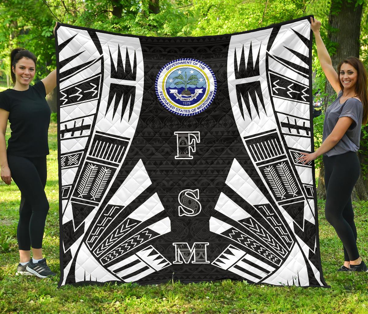 Federated States Of Micronesia Premium Quilt - Federated States Of Micronesia Seal Polynesian White Tattoo (Black) Black - Polynesian Pride